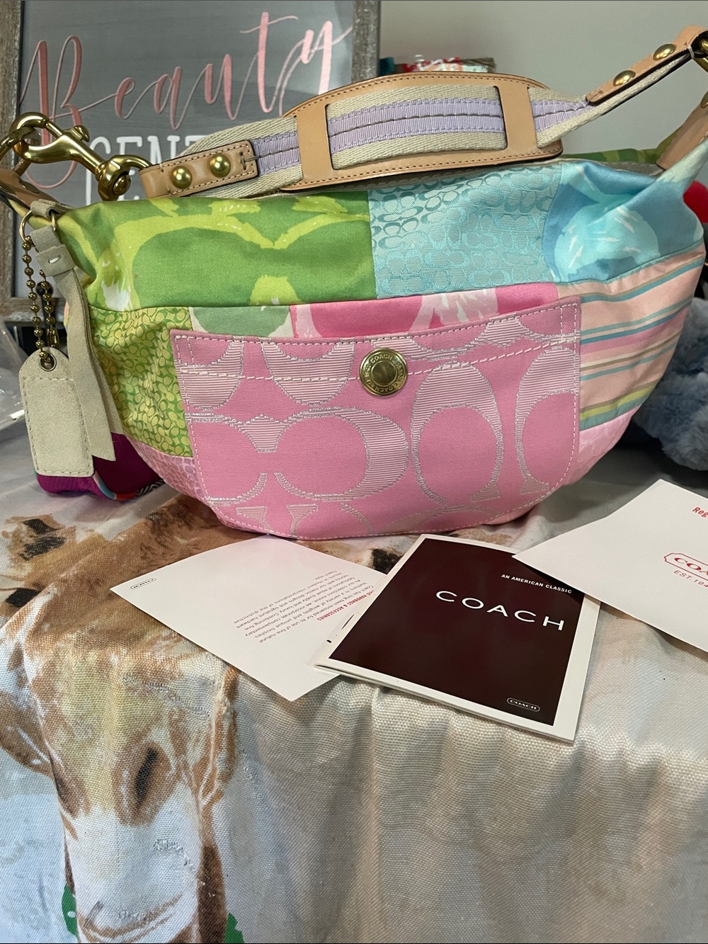 Coach Multicolor Patchwork Hobo Shoulder Bag with Pink Front Panel